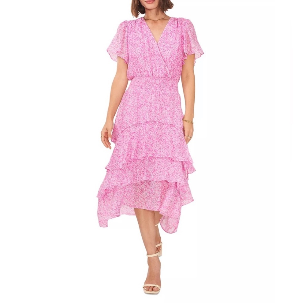 Vince Camuto Pink Floral V-Neck tiered hot pink Dress size XS